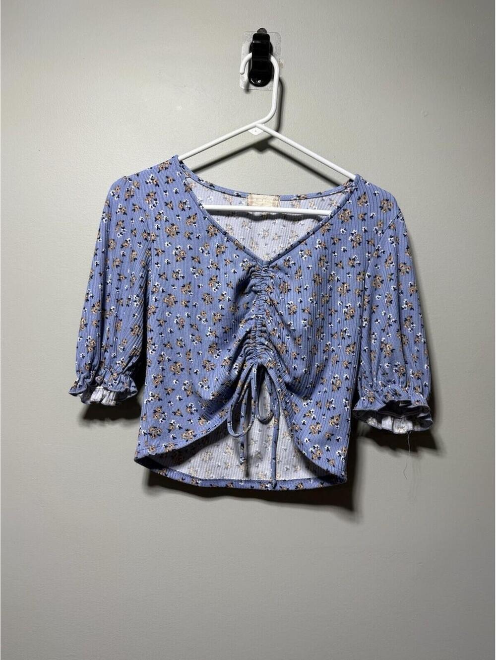 Altar'd State Blue Floral Cinch Ruffle Crop Top Ribbed S Boho Cottagecore